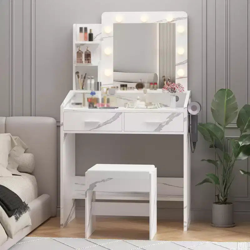 Vanity Desk with Mirror and Lights, Makeup Vanity with Power Outlet & Cushioned Stool, 3 Lighting Modes Adjustable Brightness, Dressing Table