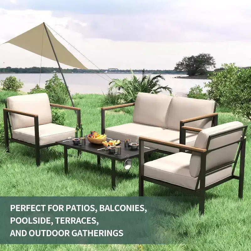 Outdoor Metal Patio Furniture Sets of 4, Outside Seating Furniture with Loveseat and Coffee Table, for Porch, Apartments, Garden