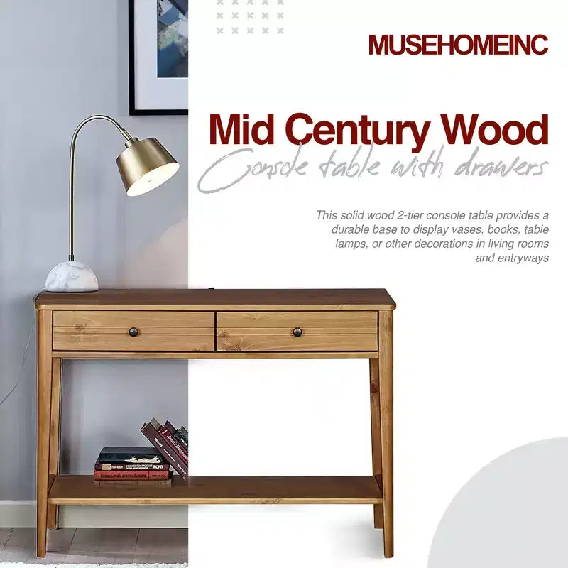Mid Century Contemporary Classic Solid Wood 2-Tier Console Entryway Table with Storage Drawers, Honey Brown