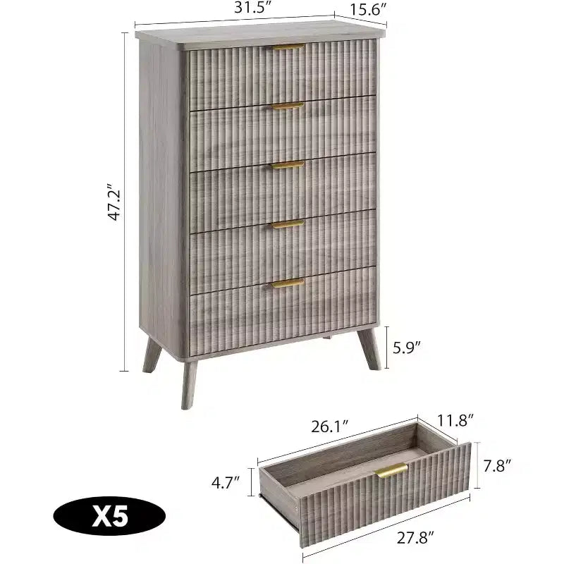 5-Drawer Fluted Dresser, 47.2-Inch Tall Chest of Drawers, Curved Design