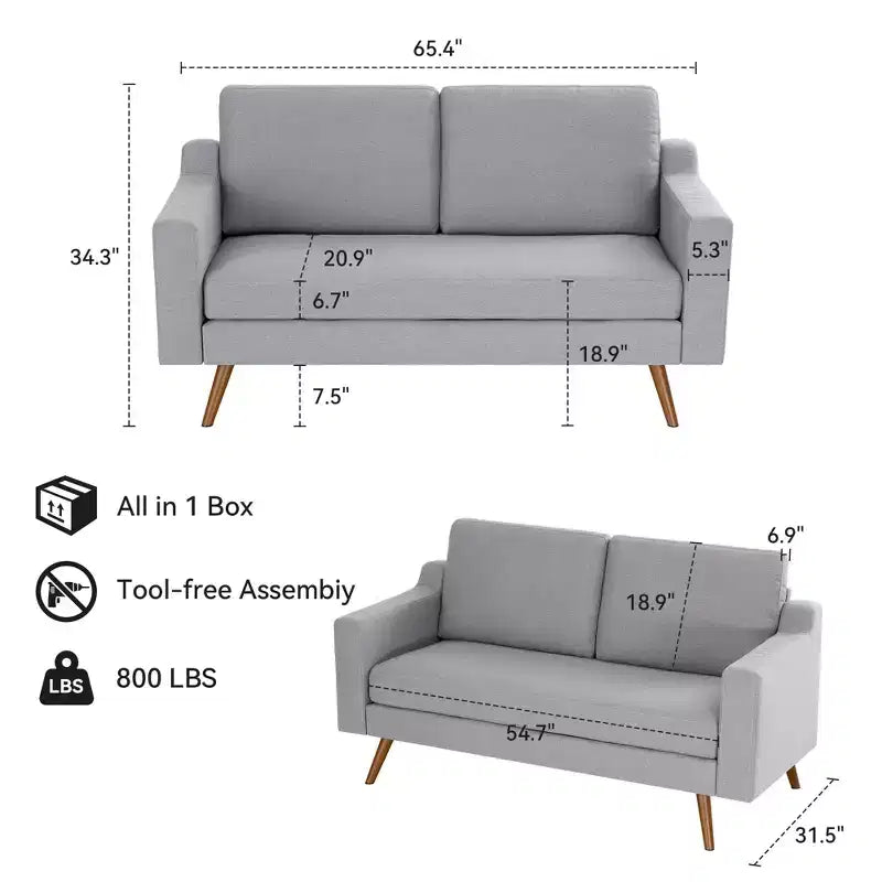65.4" Mid Century Modern Loveseat Sofa with Spring Cushion for Living Room, Bedroom & Office