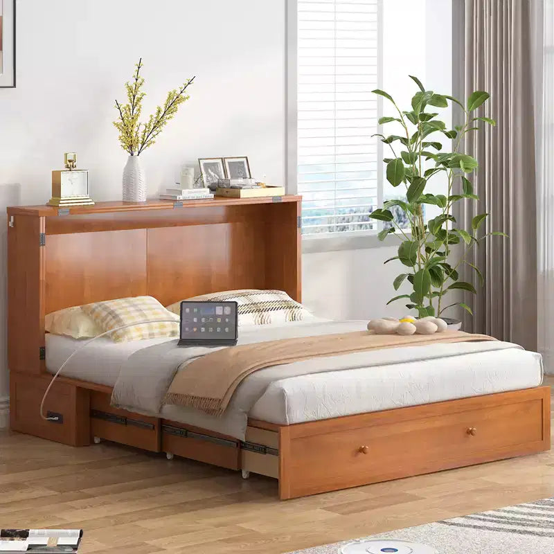 Murphy Bed Cabinet, Modern Murphy Bed Queen with Mattress, Built-in USB Charging Station & Drawers