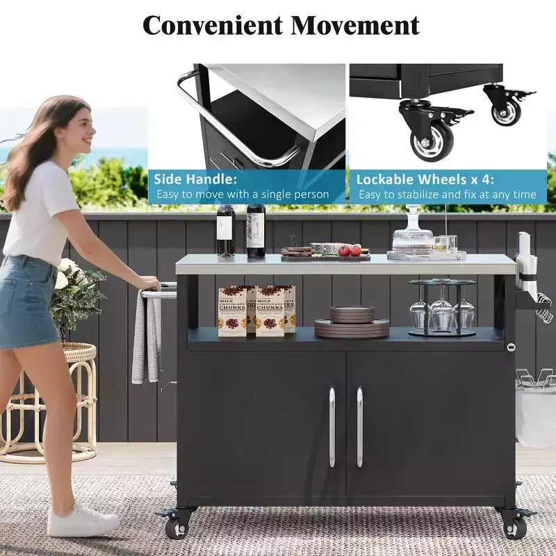 54.5" Outdoor Kitchen Island with Stainless Steel Top, Spice & Towel Rack, Black