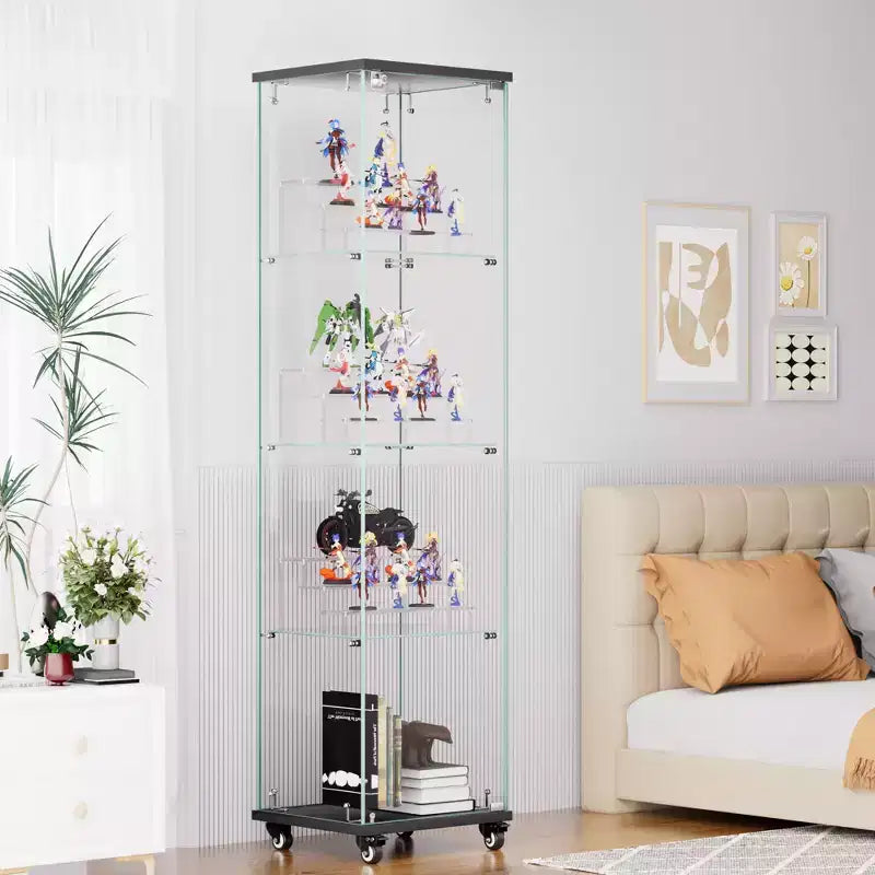 Display Cabinet, 4 Tier Storage Cabinet with 1 Doors and Wheels, Freestanding Cabinet for Living Room, Hallway and Office