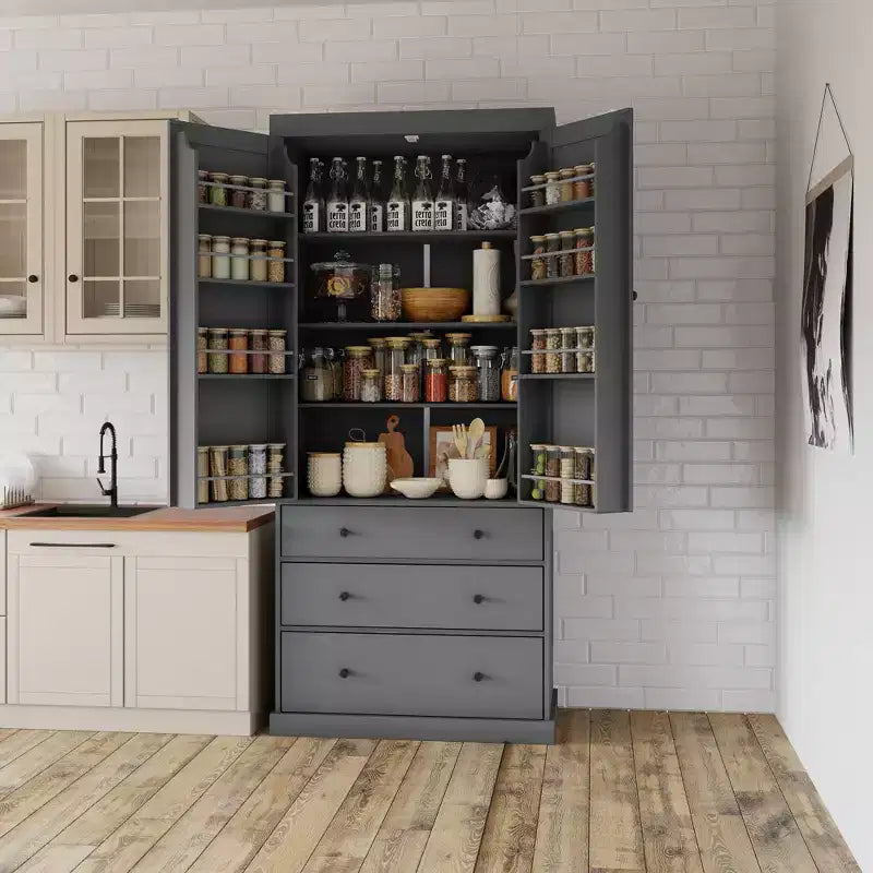 Freestanding Kitchen Pantry Organizer, Cabinet with 3-Adjustable Shelves, 3-Drawers, 8-Door Inner Shelves
