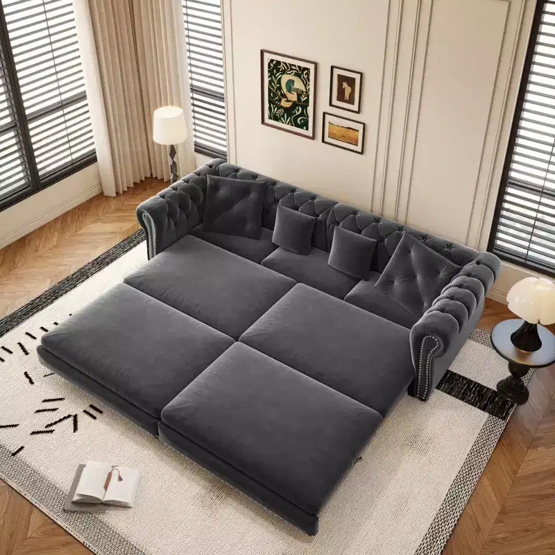 3-in-1 Pull-Out Sofa Bed, King Size Convertible Sleeper Sofa with Chaise & Movable Ottoman, Velvet Tufted 3-Seater Couch, Charcoal Gray