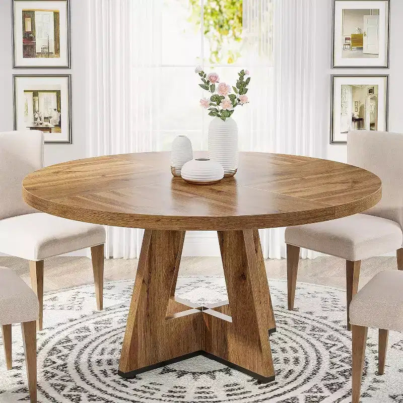 Okak Farmhouse Wood Large Round Dining Table with Cross Base,Wooden Kitchen Dinner Table for Dining Room,Breakfast Nook