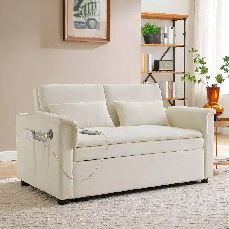 Convertible Sofa Bed Couch with Side Pockets & Adjustable Backrest, Velvet Upholstered Loveseat Sofa for Living Room, Bedroom