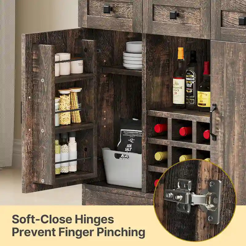 72" Kitchen Pantry Cabinet with Wine Rack, 3 Drawers & Charging Station