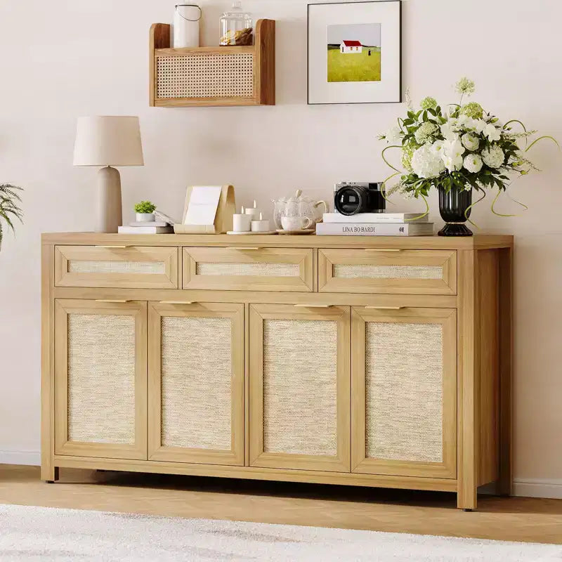 63in Deep Farmhouse Buffet Sideboard Cabinet with Rattan Panels, 3 Drawers, 4 Doors, Adjustable Shelves - Dining Room, Kitchen, Entryway Organizer