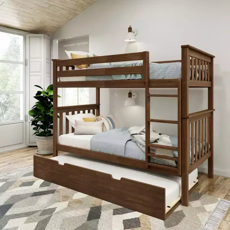 Twin over Twin Bunk Bed with Trundle, Solid Wood, Sleeps 3 – Blue / Espresso / Natural / Pecan / Walnut / White