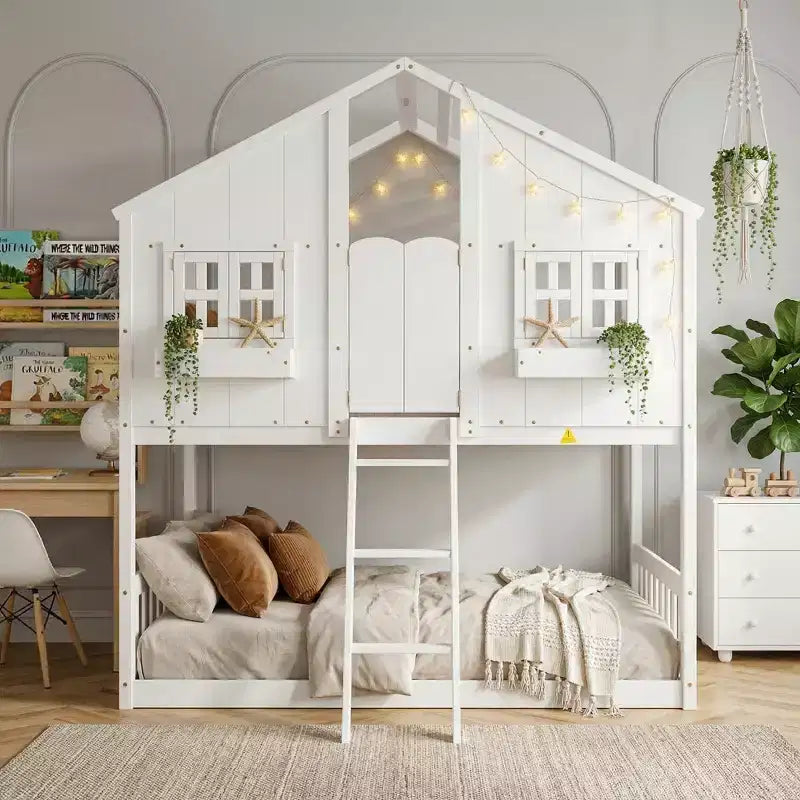 Twin Size House-Shaped Loft Bed, Wood Playhouse Loft Bed with Ladder & Guardrails for Kids