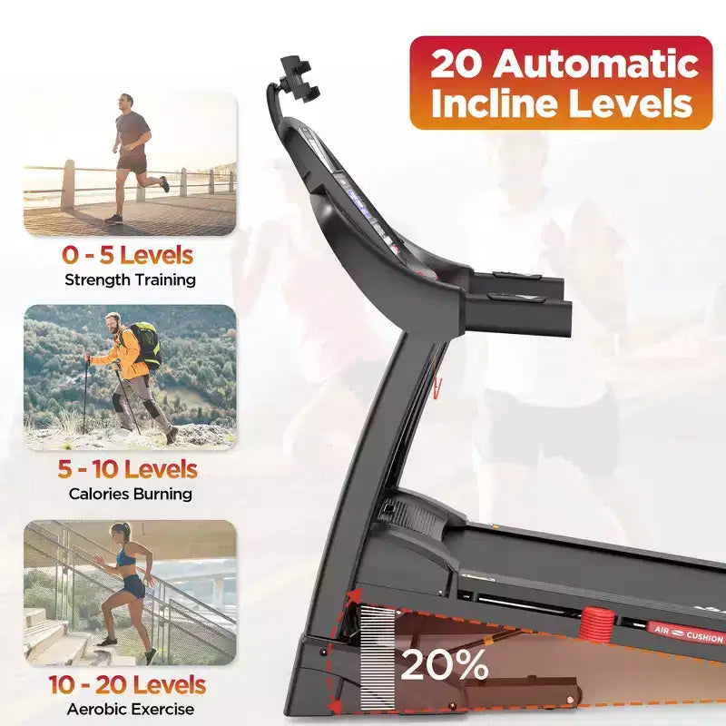 Treadmill Clearance: Portable Electric Treadmill with Handles, 20% Auto Incline, 4.5 HP Motor, Bluetooth App for Home/Office, Walking Running Machine