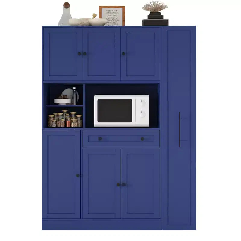Kitchen Pantry Cabinet with Hutch and Pull-Out Side Cabinet
