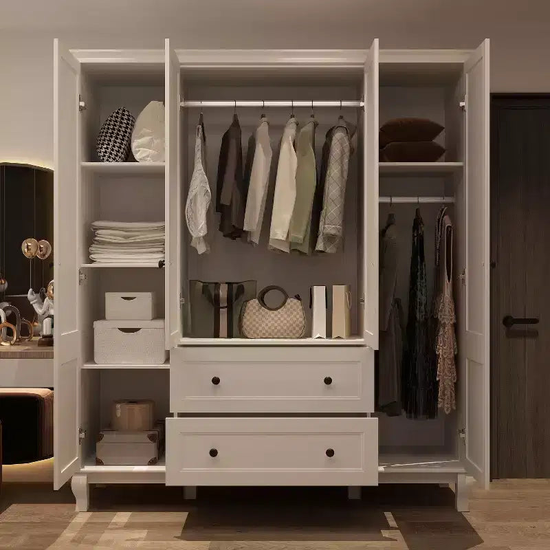 White Freestanding Wood Armoire With Drawers and Hanging Rods