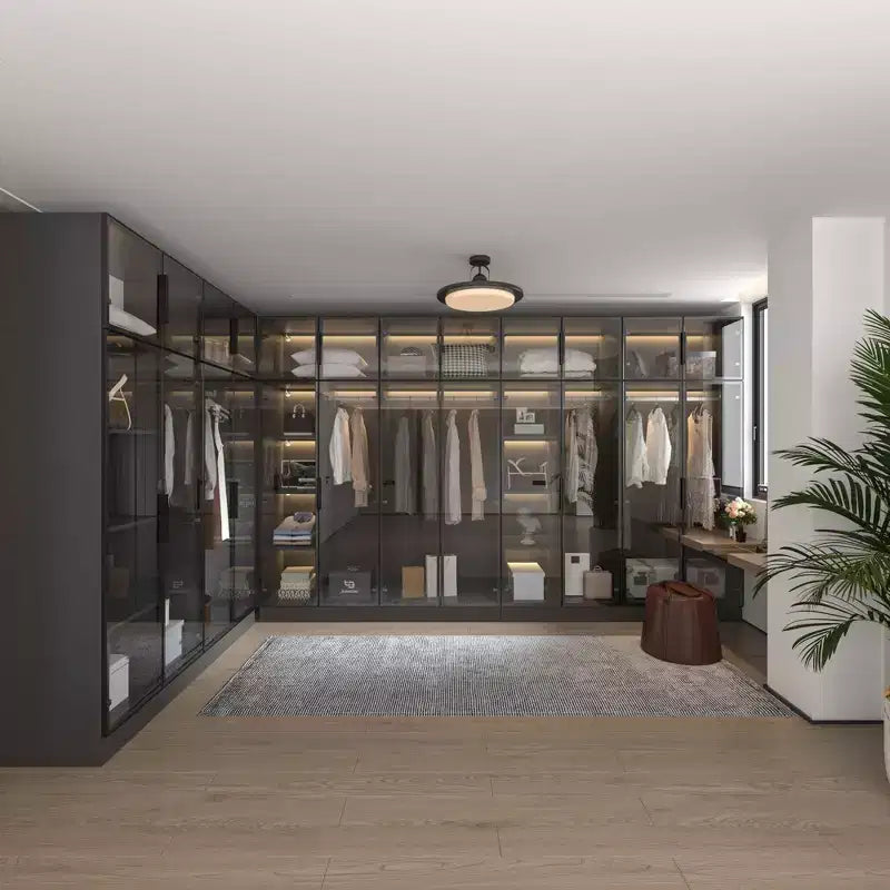 118" Floor-to-Ceiling Black Armoire Wardrobe with 3-Color LED Lights & Tempered Glass Doors