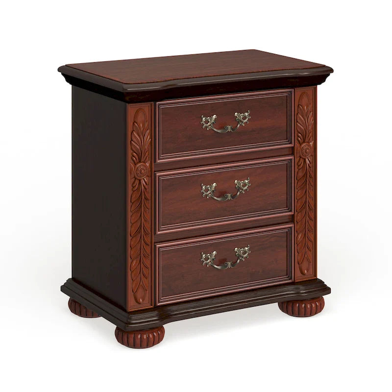 Cherry Solid Wood 3-Drawer Nightstand with Carved Palm Leaf Details