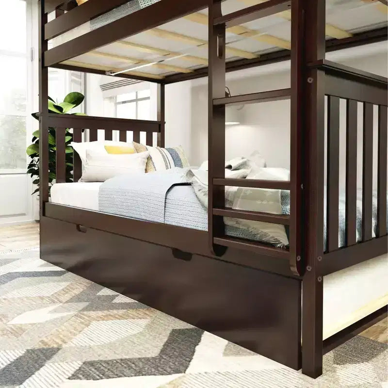 Twin over Twin Bunk Bed with Trundle, Solid Wood, Sleeps 3 – Blue / Espresso / Natural / Pecan / Walnut / White