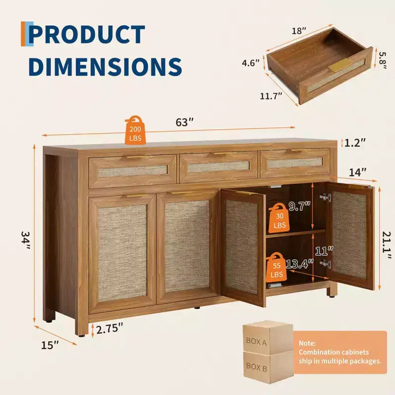 63in Deep Farmhouse Buffet Sideboard Cabinet with Rattan Panels, 3 Drawers, 4 Doors, Adjustable Shelves - Dining Room, Kitchen, Entryway Organizer