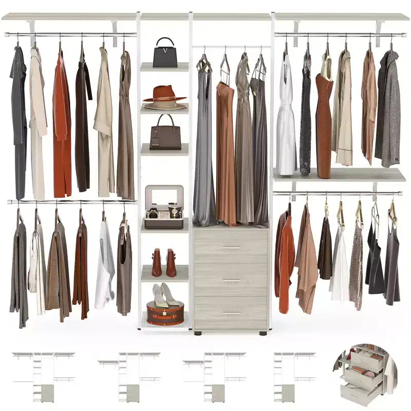 Closet Organizer System with Tower Shelving & 3 Drawers, 96"x80", 1200 lbs Capacity