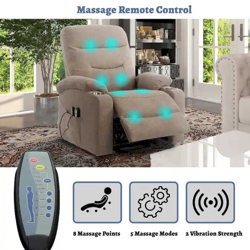 Soft Upholstered Electric Massage Recliner with Cup Holder & Dual Remote