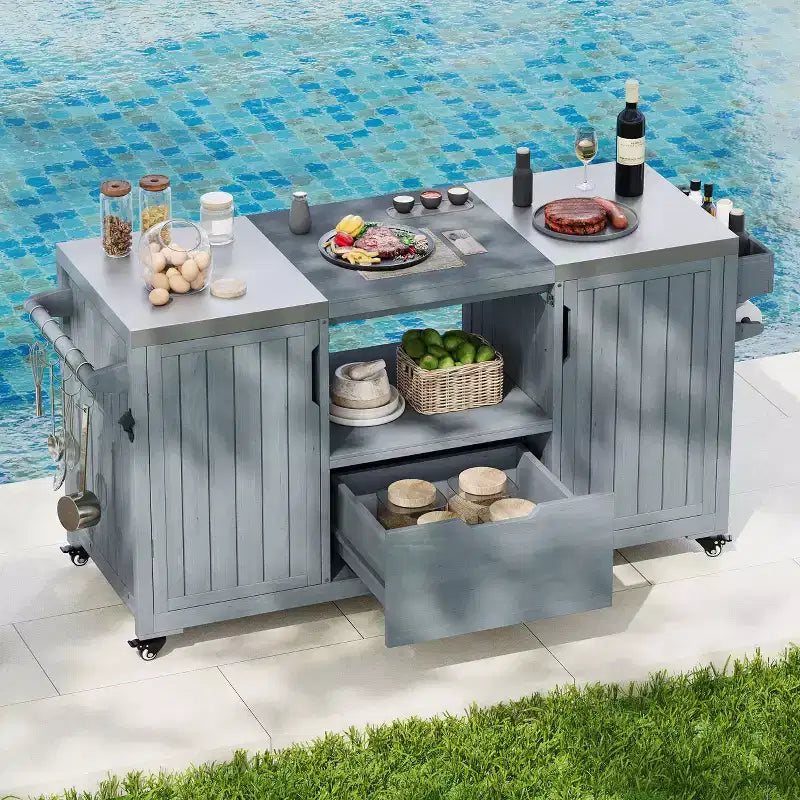 Okak Outdoor Kitchen Island with Steel Top & Rack,Solid Wood Grill Cart for Big Green Egg Grills,Storage Cabinet Dining Table