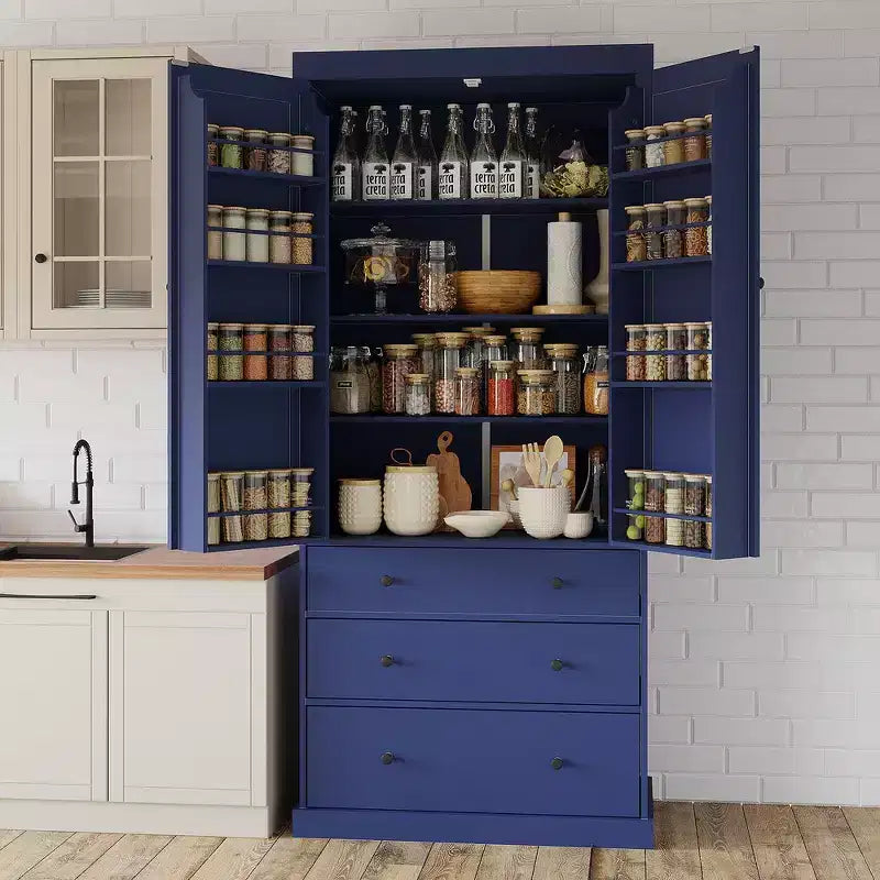 Freestanding Kitchen Pantry Organizer, Cabinet with 3-Adjustable Shelves, 3-Drawers, 8-Door Inner Shelves