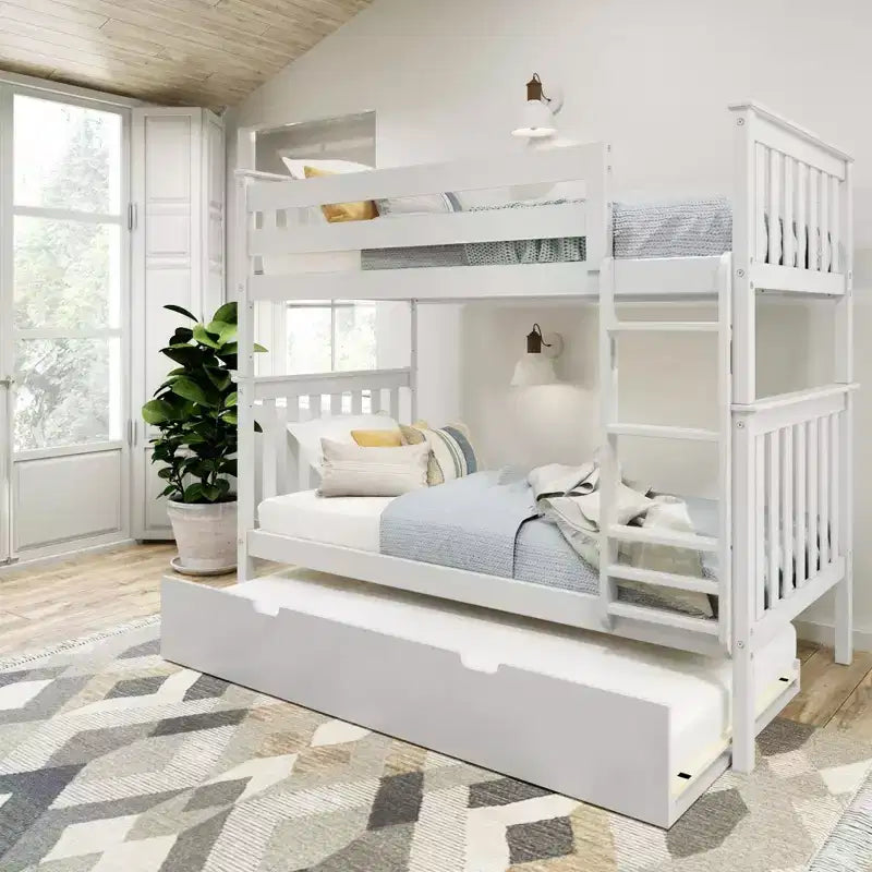 Twin over Twin Bunk Bed with Trundle, Solid Wood, Sleeps 3 – Blue / Espresso / Natural / Pecan / Walnut / White