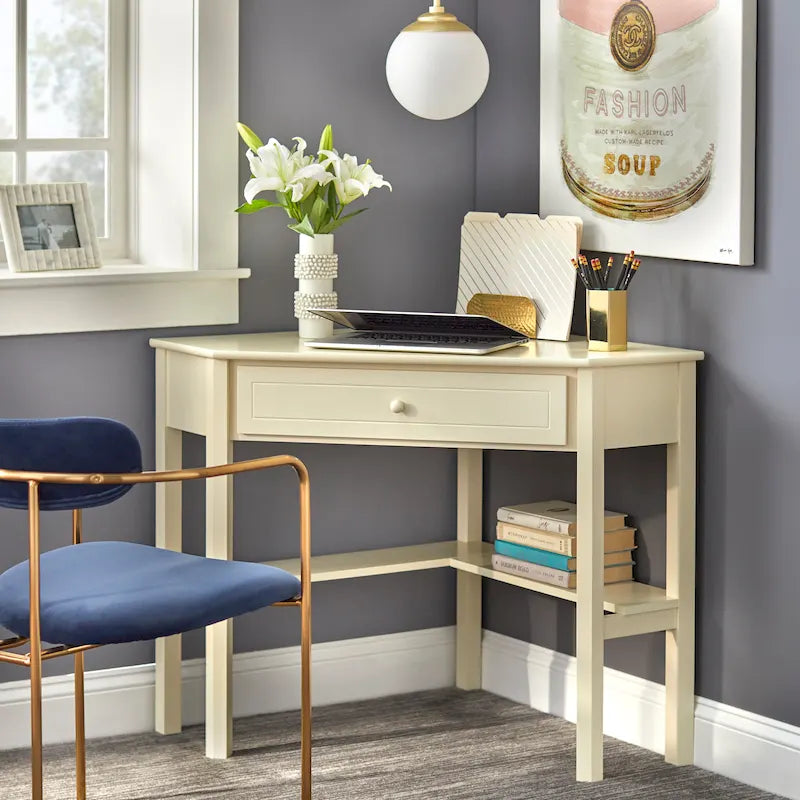 Corner Computer Desk with Drawer & Lower Shelf, Solid Wood & MDF, 42"W x 28"D x 30"H
