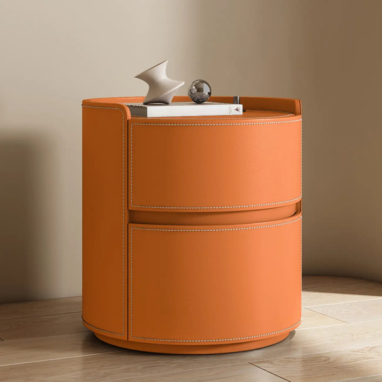 Modern Leather Tray Round 2-Drawer Nightstand
