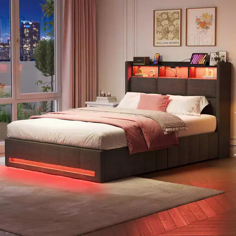 Greenstell Upholstered Lift Storage Bed with LED Lights & Charging Station, Modern Platform Bed, Heavy Duty Wooden Slats
