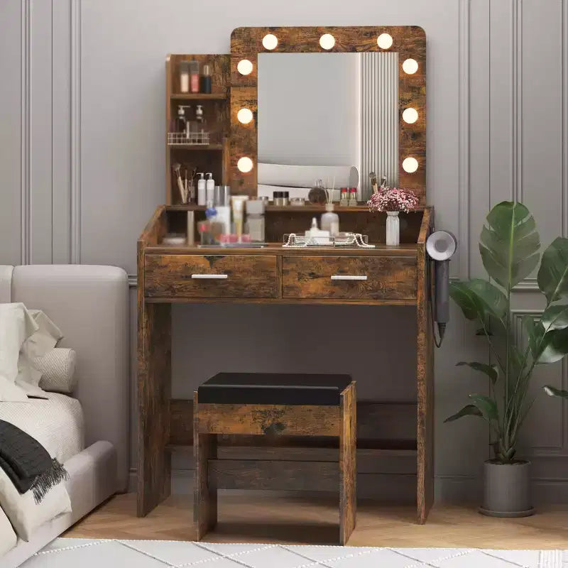 Vanity Desk with Mirror and Lights, Makeup Vanity with Power Outlet & Cushioned Stool, 3 Lighting Modes Adjustable Brightness, Dressing Table