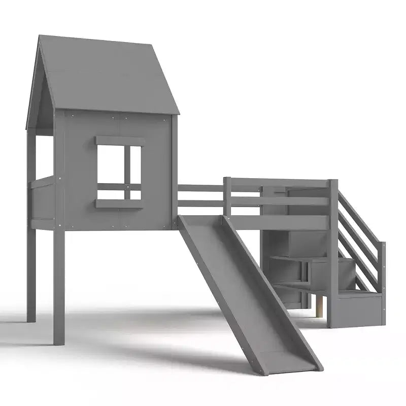 Twin Size Loft Bed with 3 Drawers & Storage Stair, Wooden House-style Bed Frame with Slide and Remevoable Desk