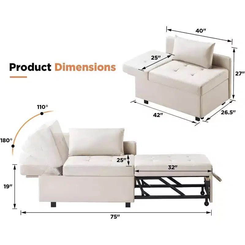 3-in-1 Sleeper Sofa Chair with Adjustable Backrest, Foldable Loveseat Recliner