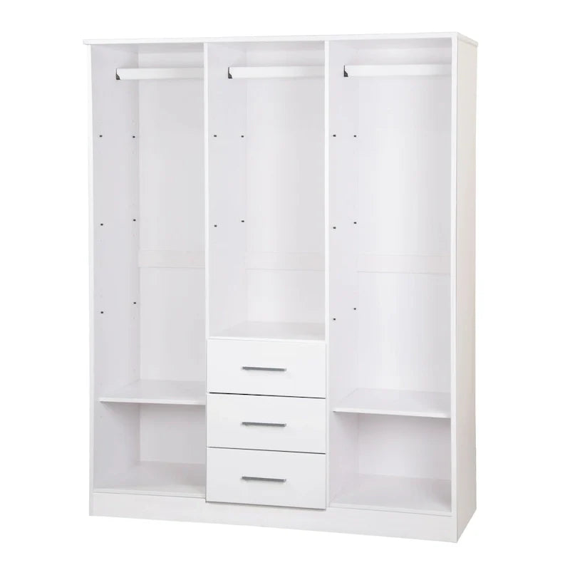 3-Door Solid Pine Wood Wardrobe Armoire, 72"H x 56"W, Mirrored or Panel Door, 3 Clothing Rods