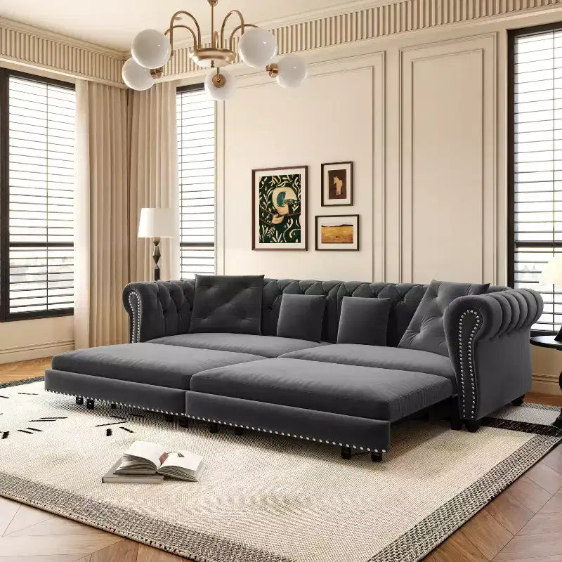 3-in-1 Pull-Out Sofa Bed, King Size Convertible Sleeper Sofa with Chaise & Movable Ottoman, Velvet Tufted 3-Seater Couch, Charcoal Gray