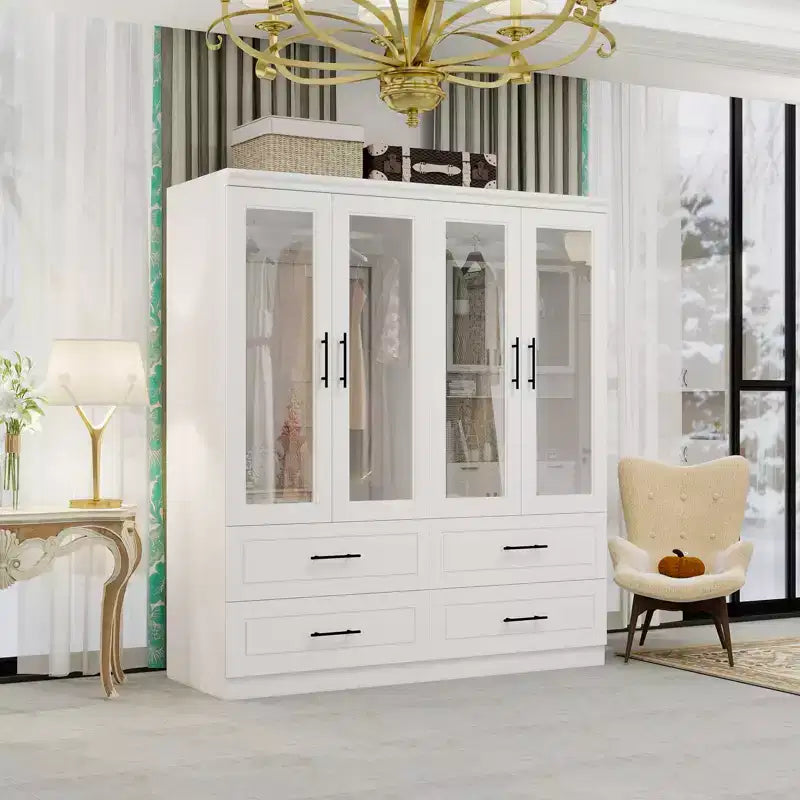White Wood 63-Inch Armoire with 4 Drawers and 4 Doors, Bedroom Wardrobe Cabinet