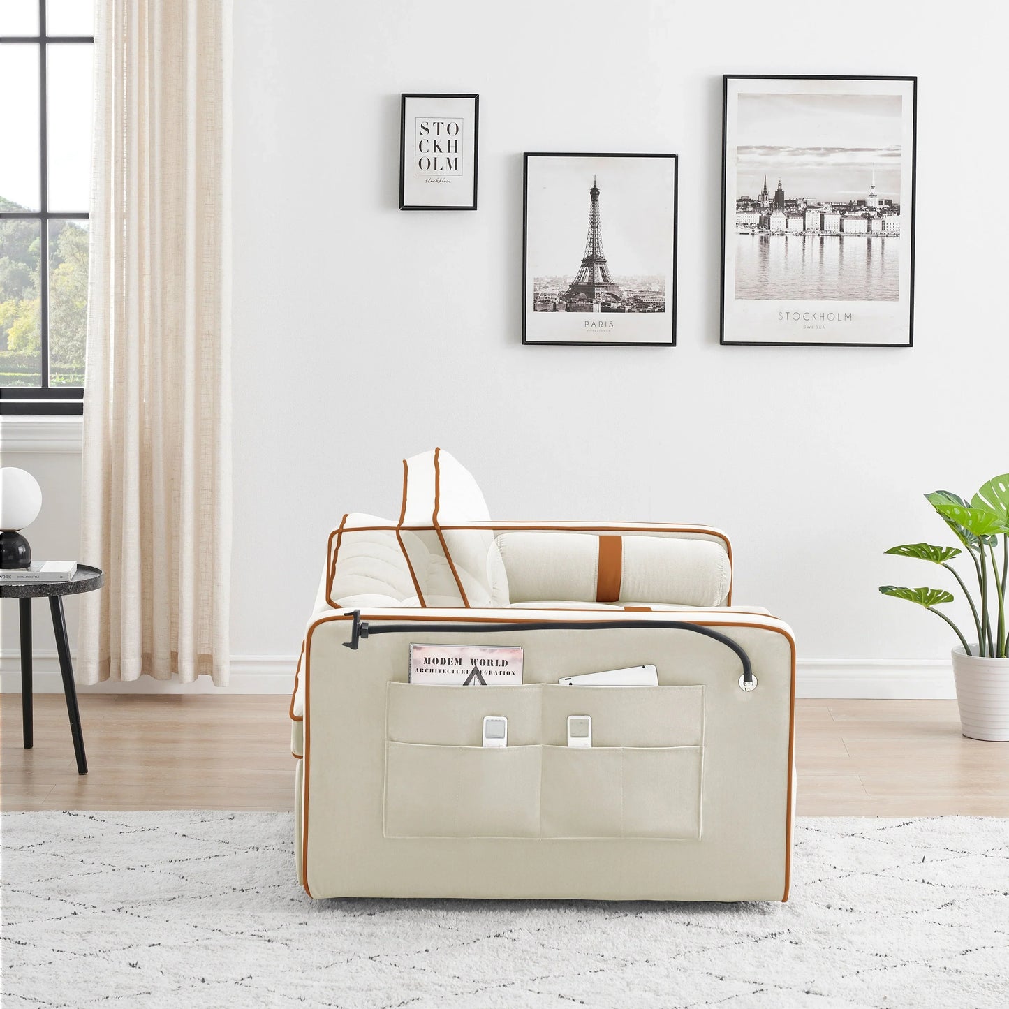 Velvet Convertible 55'' 2-Seater Sleeper Sofa with Pull-Out Bed, Adjustable Recline, Side Pockets, and Phone Holder