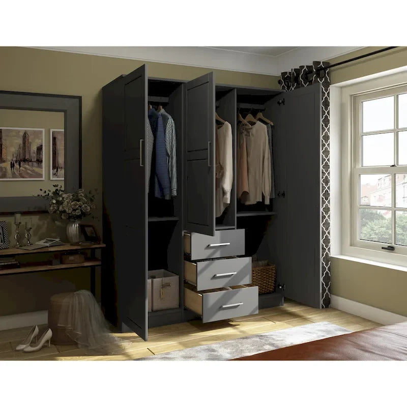 3-Door Solid Pine Wood Wardrobe Armoire, 72"H x 56"W, Mirrored or Panel Door, 3 Clothing Rods