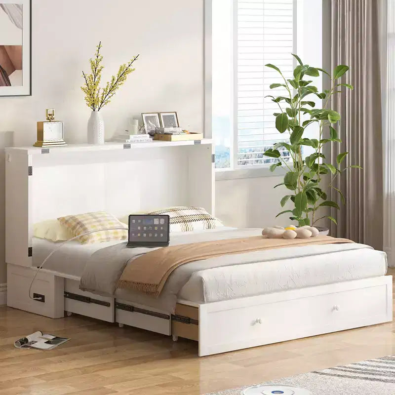 Murphy Bed Cabinet, Modern Murphy Bed Queen with Mattress, Built-in USB Charging Station & Drawers