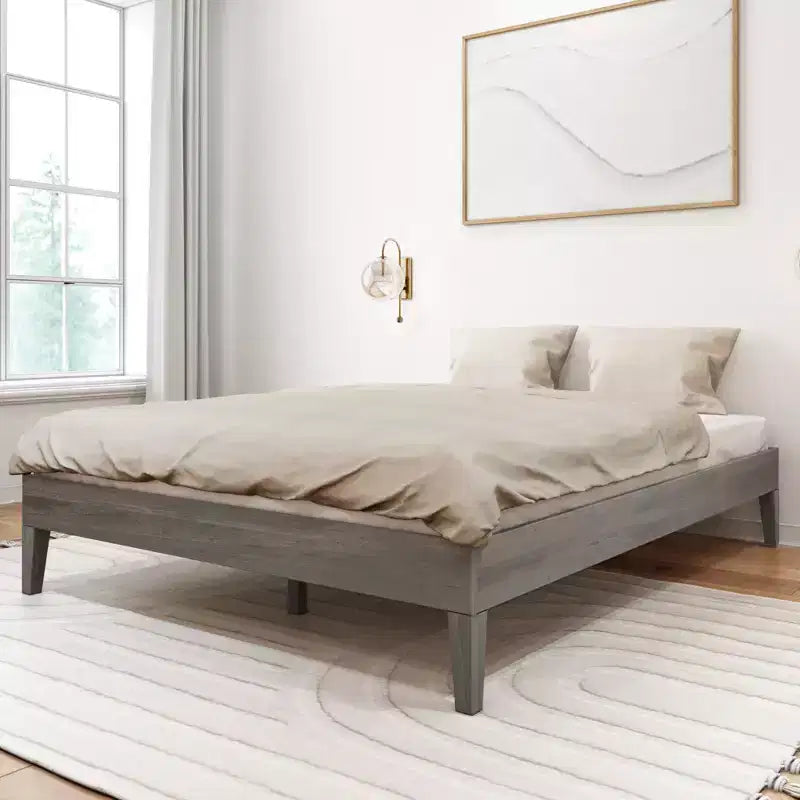 Solid Wood Queen Platform Bed Frame with Pine Slats, 14"H, 750 lb Capacity, No Box Spring Needed