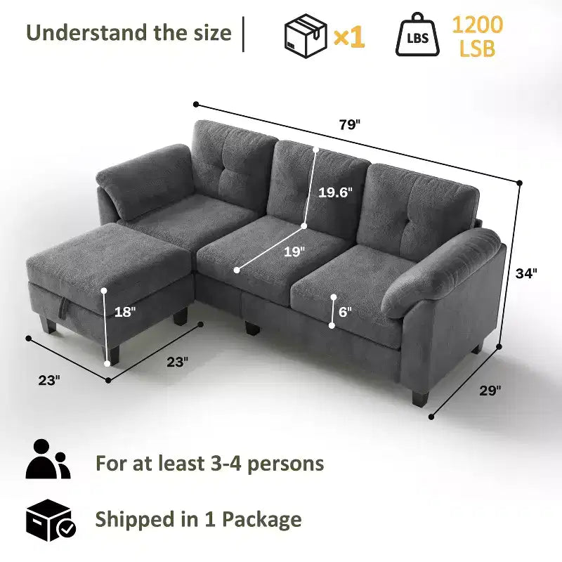 76.4-Inch Modern Three-Seater Sofa with Armrests and Pillows in Chenille Beige