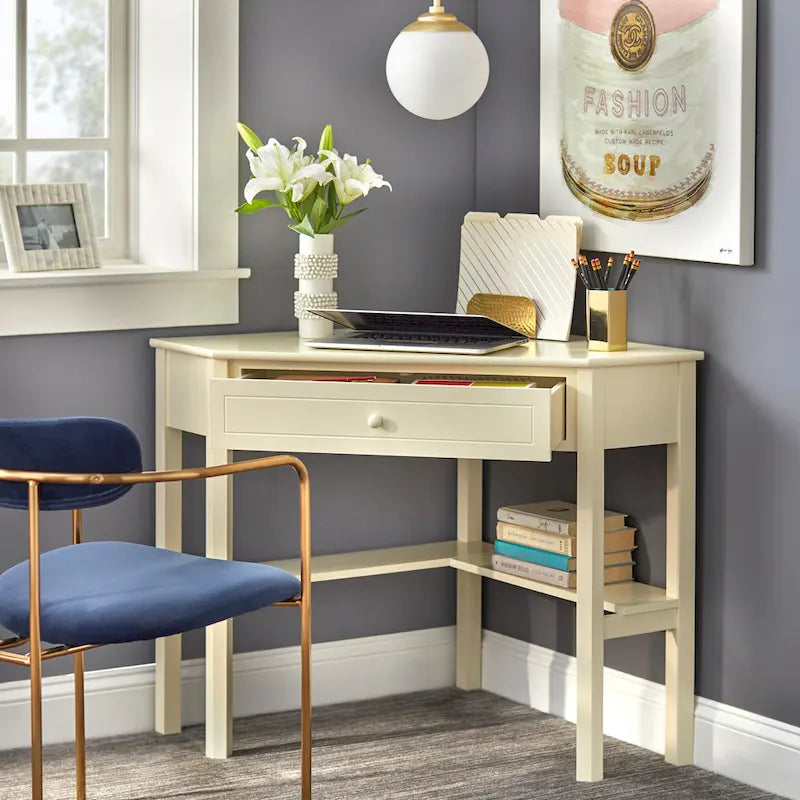 Corner Computer Desk with Drawer & Lower Shelf, Solid Wood & MDF, 42"W x 28"D x 30"H