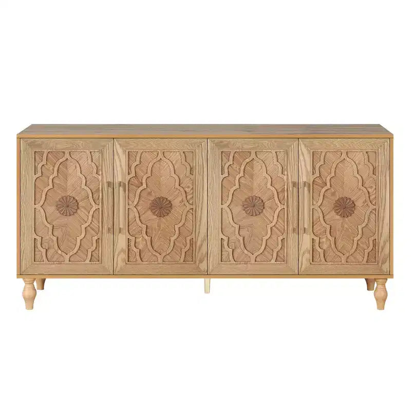 Large Storage Cabinet with Metal Handle, Carved Flower Doors, Wooden Mordern Sideboard Console with Adjustable Shelves