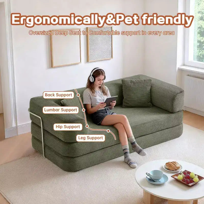 Okak Convertible Floor Sofa Bed Loveseats with Blanket & Pillows,Corduroy Fabric Futon Couch for Living Room,Apartments