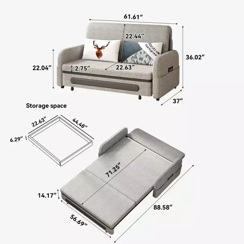 Convertible Sofa Bed 37 to 88.58 Inch with Hidden Storage and Lockable Wheels