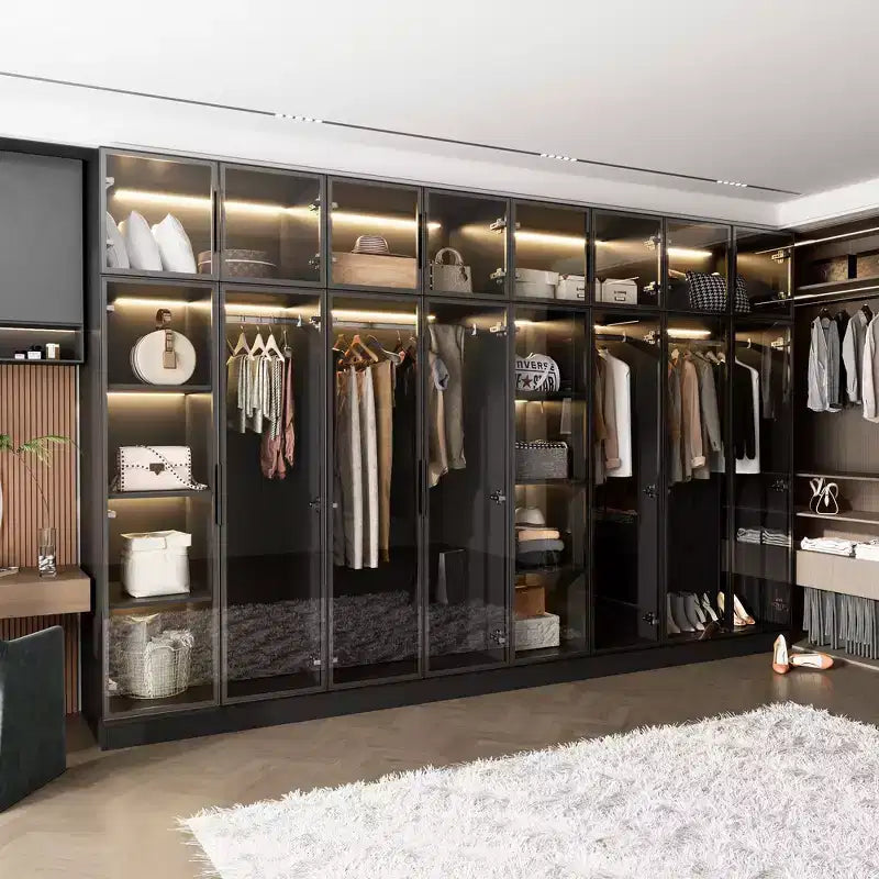 118" Floor-to-Ceiling Black Armoire Wardrobe with 3-Color LED Lights & Tempered Glass Doors