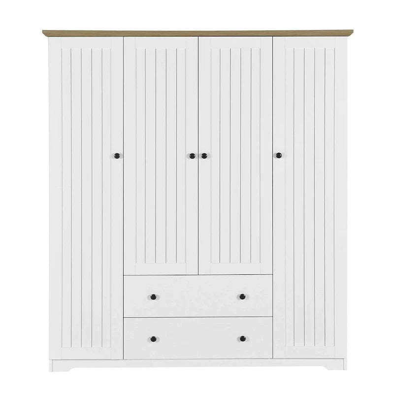 4 Door Wardrobe Armoire Closet with 2 Drawers, Freestanding Wardrobe Clothes Storage Cabinet with Hanging Rods