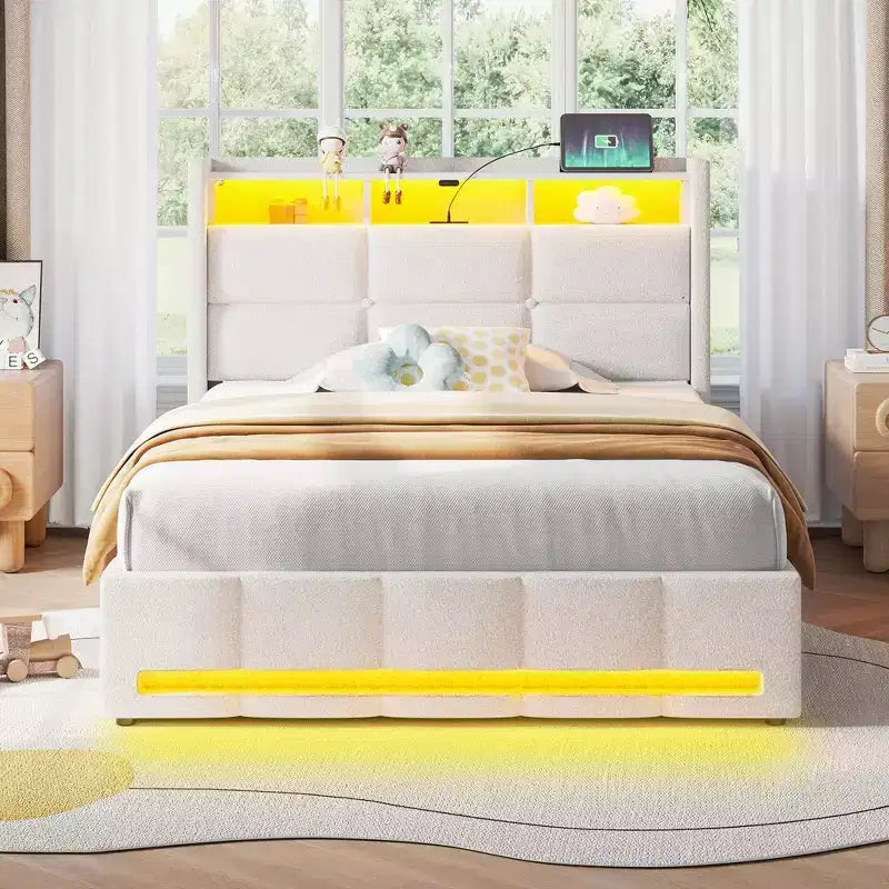 Greenstell Upholstered Lift Storage Bed with LED Lights & Charging Station, Modern Platform Bed, Heavy Duty Wooden Slats