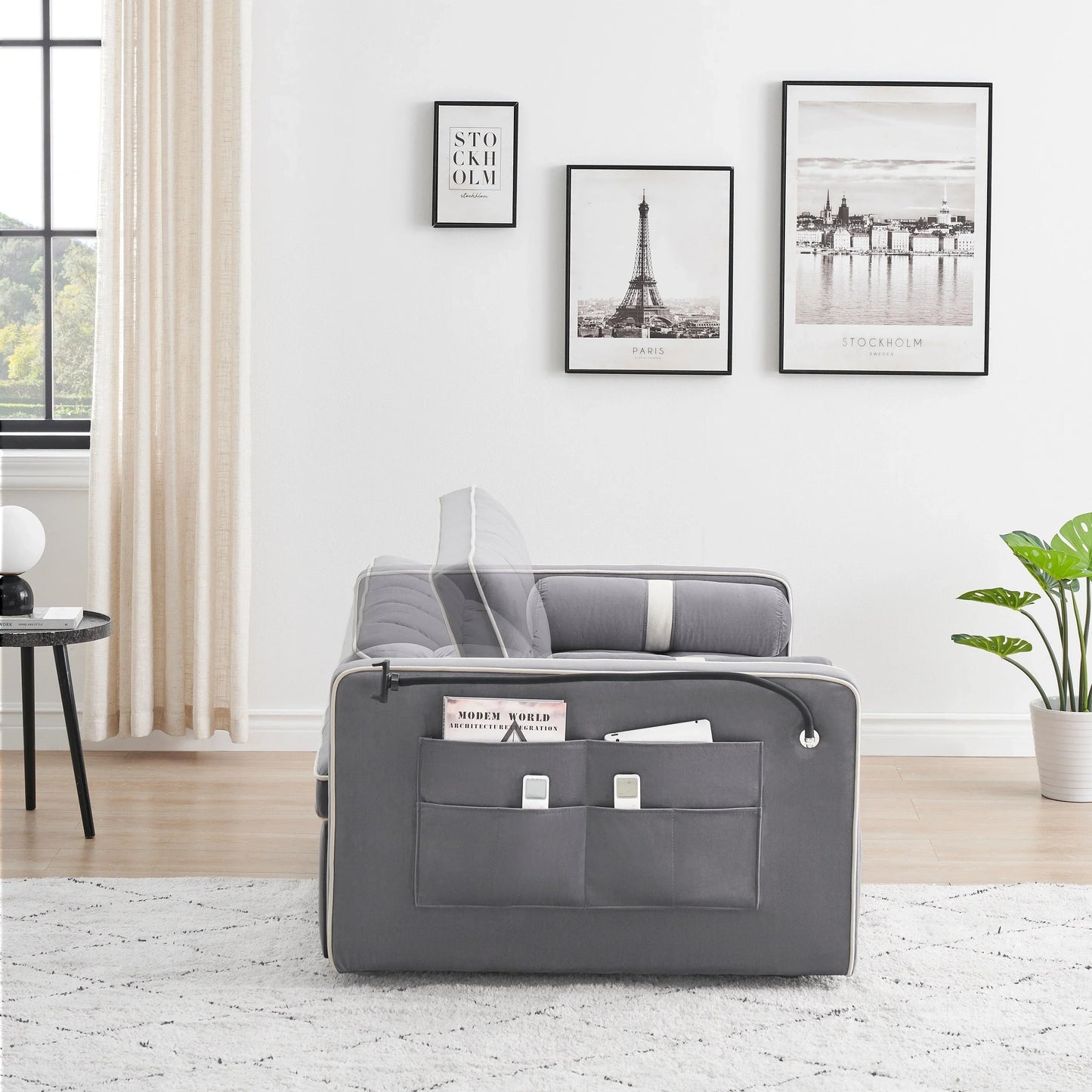 Velvet Convertible 55'' 2-Seater Sleeper Sofa with Pull-Out Bed, Adjustable Recline, Side Pockets, and Phone Holder
